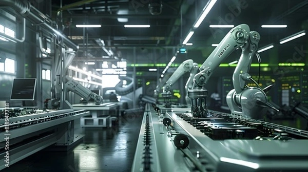 Fototapeta  a high-tech recycling facility where robotic arms meticulously disassemble spent EV batteries, extracting valuable materials and contributing to environmental sustainability