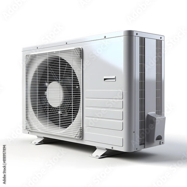 Obraz External air conditioner unit with compressor on a white background. Split air conditioning system, air compressor.
