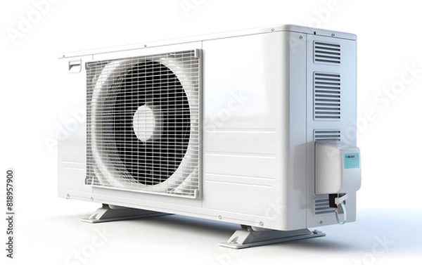 Obraz External air conditioner unit with compressor on a white background. Split air conditioning system, air compressor.