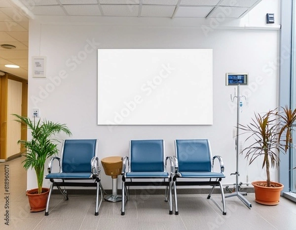 Fototapeta A mockup of an empty white poster on the wall in modern hospital waiting room with comfortable chairs and medical equipment. empty white blank poster on white wall in hospital, white board