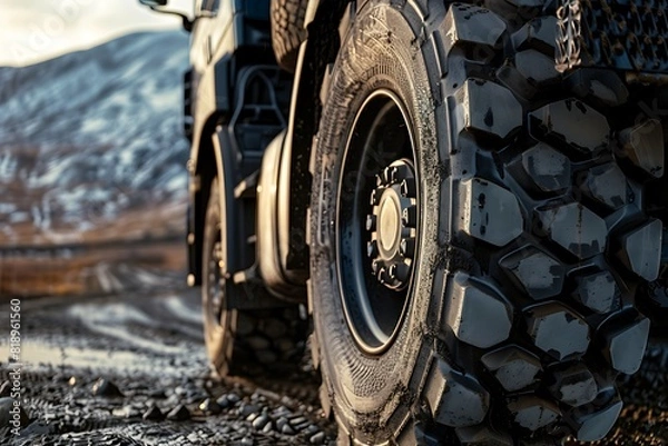 Fototapeta Close-up of Heavy-Duty Truck Tire Showing Rugged Tread for Heavy Loads and Durability