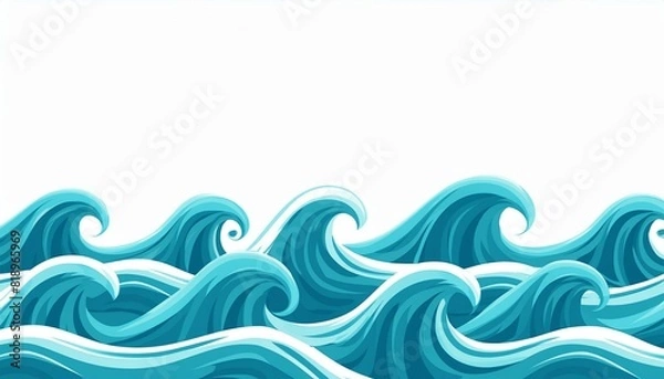 Fototapeta ocean water wave copy space for text. Isolated blue, teal, turquoise happy cartoon wave for pool party or ocean beach travel. Web banner, backdrop, background