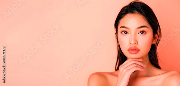 Obraz Young woman with thoughtful expression posing against a peach background with ample copy space