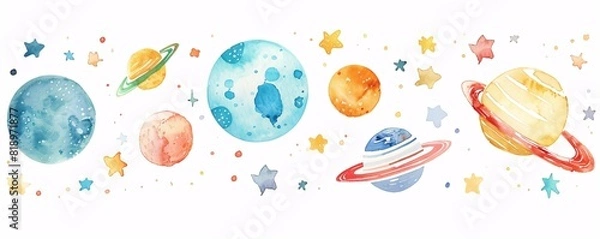 Fototapeta A simplistic watercolor illustration of planets in space, designed for children's posters.