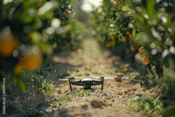 Fototapeta Smart farming drone in an isometric vector field using sensors for crop care, agricultural innovation, and sustainable automated farming conditions.