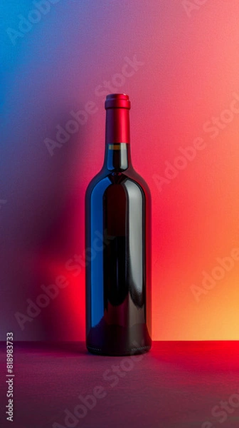 Fototapeta Elegant red wine bottle standing against a gradient red and blue background, perfect for product display or advertisement.