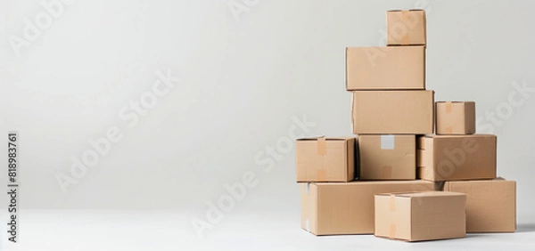 Fototapeta A neatly stacked pile of cardboard boxes on a plain background, symbolizing moving or storage organization.