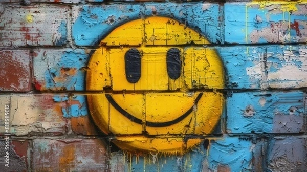 Fototapeta Yellow smiley face painted on an old wall in graffiti style
