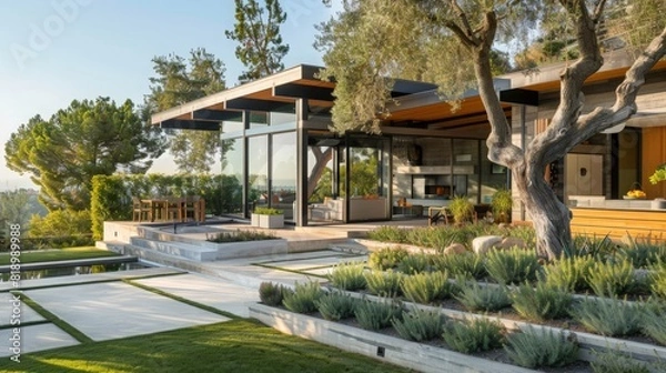 Obraz Design a cohesive color scheme that complements the surrounding landscape and architectural style of the home.  ai generated
