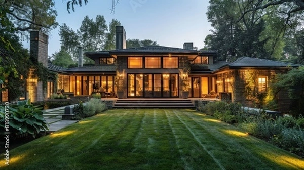 Fototapeta Design a custom outdoor lighting scheme with fixtures that complement the architectural style of the home. --ar 16:9 Job ID: 07ddba49-7970-43df-800f-51754ae52746