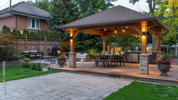 Obraz Design a multi-functional space by incorporating a dining area, lounge area, and outdoor kitchen within the gazebo. --ar 16:9 Job ID: 50ffb70d-f23f-4ca9-a7f3-978fd0f6da07