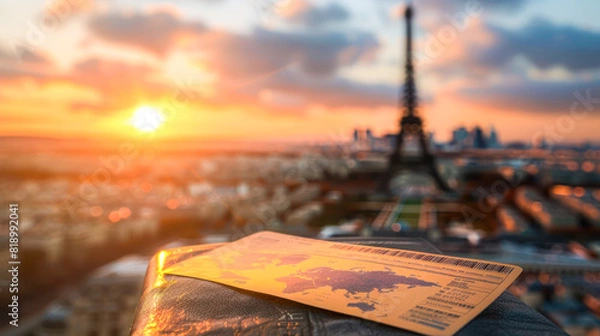 Fototapeta Boarding pass to Paris with Eiffel tower landmark on the background at sunset, France