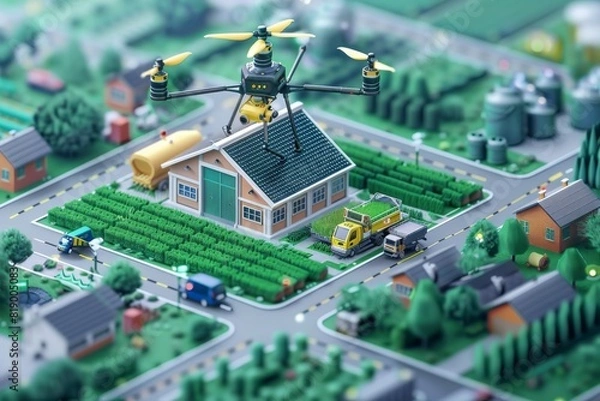 Fototapeta Modern farm protection with smart farming technology and vector farming techniques using illustrations for sustainable agriculture and drone spraying.