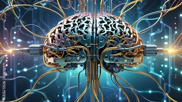 Fototapeta Neural circuit and electronic cyber brain in a quantum computing system, artificial intelligence technology, biotechnology and machine learning concept