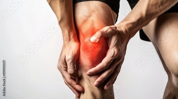 Fototapeta Man holding his knee in pain isolated on a white background, with the area of focus highlighted in red to emphasize connection with professional massage therapy for joint condition