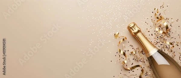 Fototapeta wine bottle and background,Champagne, confetti and ribbons to celebrate happy birthday Holiday greeting card or invitation concept	