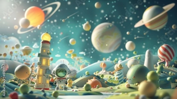 Fototapeta Cosmic Adventures: Join the Whimsical Astronomers in a 3D Interstellar Journey