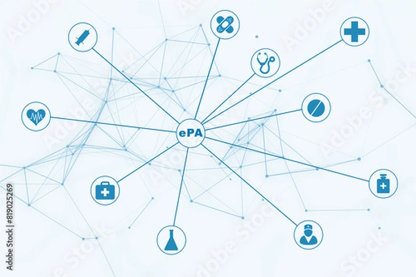 Fototapeta Konzept der Elektronischen Gesundheitsakte ePA im Verbund mit allen Leistungserbringern im Krankenhaus oder Klinik