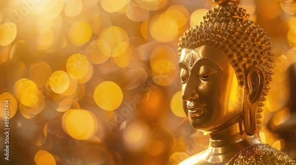Fototapeta Radiant golden Buddha statue against a dreamy bokeh backdrop, symbolizing peace and enlightenment on Magha Bucha Day