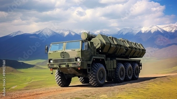 Fototapeta Military launcher with a missile ready for transportation and launch. Concept: military technologies and conflicts of countries