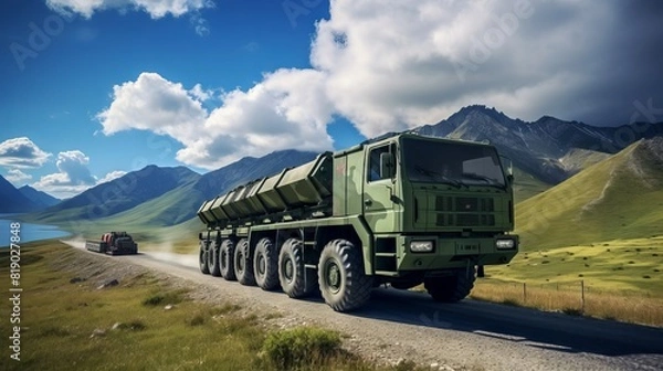 Fototapeta A military truck against the background of an explosion, moving along a dusty road.
Concept: Military operations, equipment, combat operations, the power and strength of the army, transportation of eq