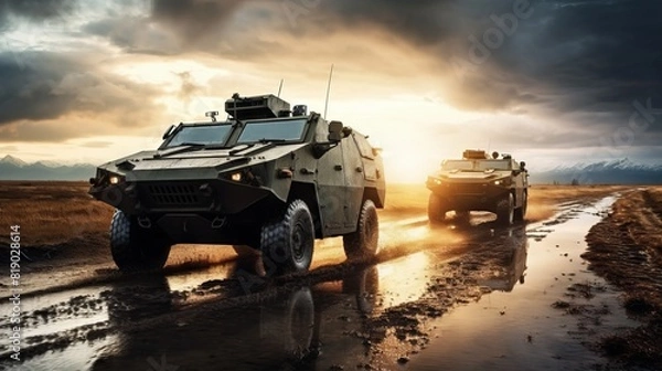 Fototapeta A military truck against the background of an explosion, moving along a dusty road.
Concept: Military operations, equipment, combat operations, the power and strength of the army, transportation of eq