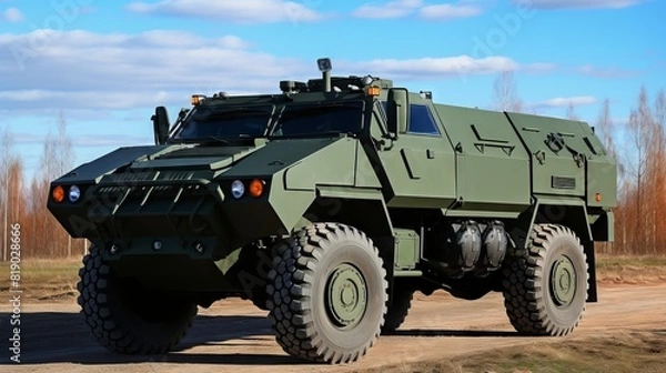 Fototapeta A military truck against the background of an explosion, moving along a dusty road.
Concept: Military operations, equipment, combat operations, the power and strength of the army, transportation of eq