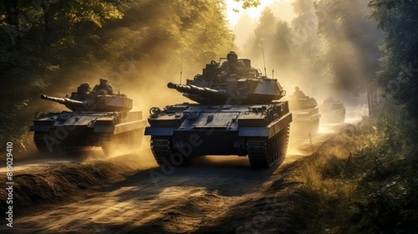 Fototapeta Military equipment, tanks close-up. Concept: war and armed conflicts, illustration of the actions of soldiers and tank crews