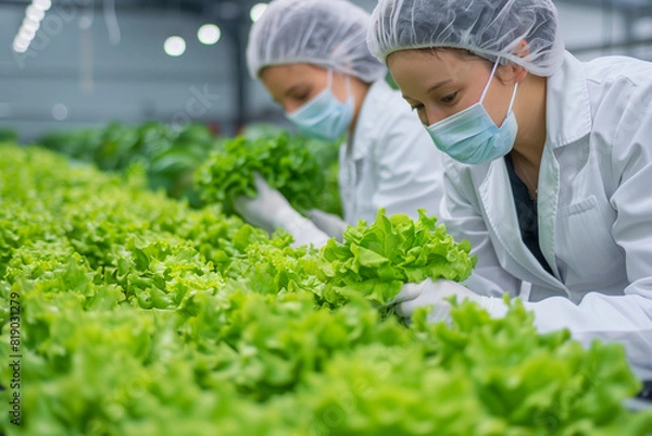 Fototapeta Sciencetists in protective workwear holding sample of green lettuce seedling