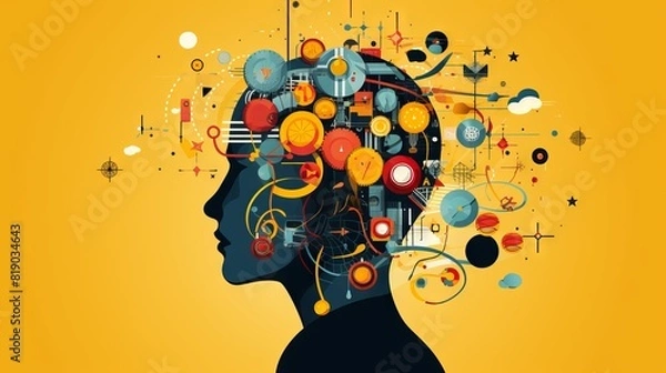 Fototapeta Silhouette of a human head with abstract elements inside, symbolizing thoughts and ideas, on a yellow background.