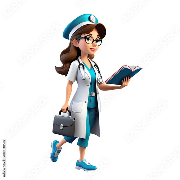 Fototapeta generative ai a female doctor walking carrying a bag and books with character illustration 3D rendering animation.