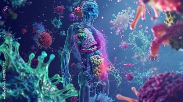 Fototapeta The concept of microbiome health and dysbiosis in the human body is illustrated using an generative AI.