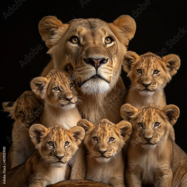 Fototapeta a lion surrounded by her six cubs. They are all standing on a black background. Lionesses are the primary caregivers for their cubs and will fiercely protect them from harm.  Lion cubs are born blind 