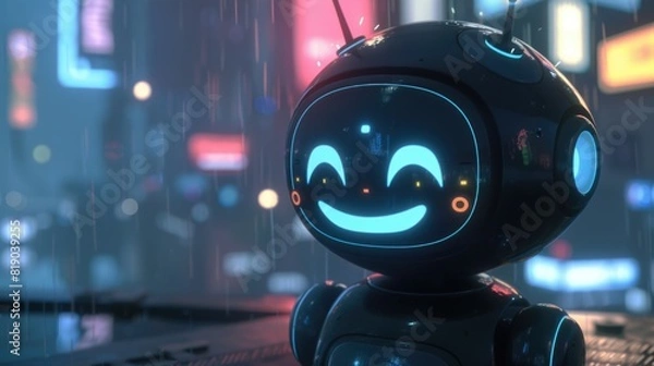 Obraz Concept art friendly kawaii bot with glowing smiling face on the screen.
