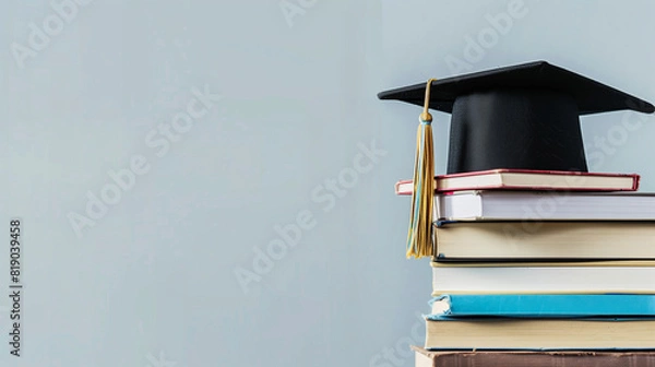 Fototapeta Photo of a stack of books with an academic cap 