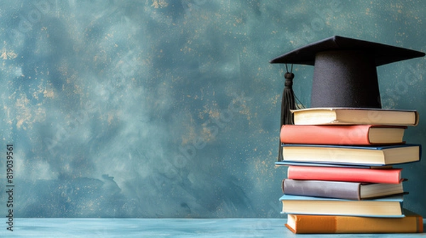 Fototapeta Photo of a stack of books with an academic cap 