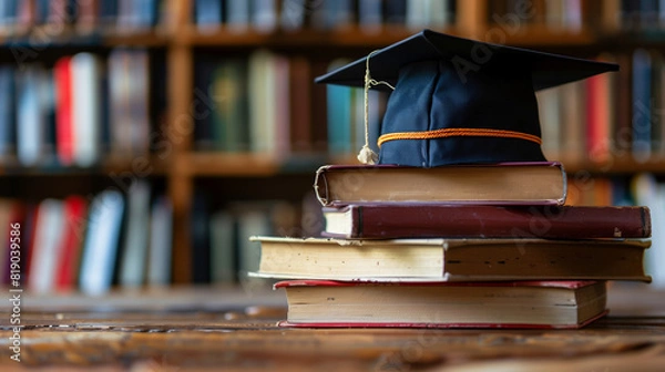 Fototapeta Photo of a stack of books with an academic cap 