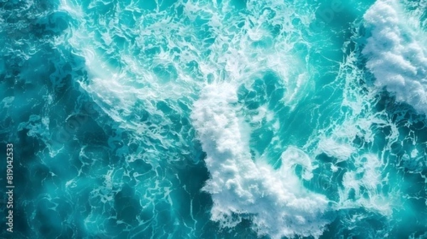 Fototapeta Captivating Aerial Perspective of Turquoise Ocean Waves and Foaming Splashes for Abstract Natural Background