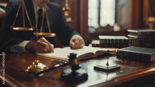 Obraz Court of Justice and Law Trial. Male Barrister Writes Down Arguments for Defence Strategy