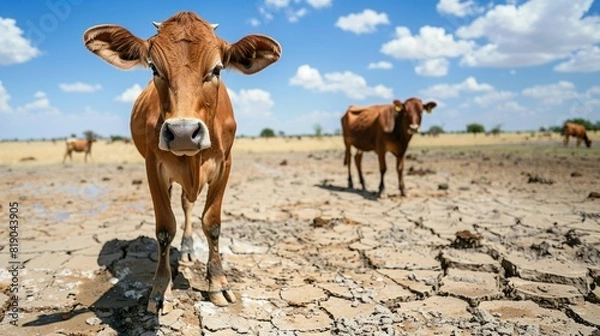 Obraz Cows in a dry field under hot sun, suffering from lack of water, earth completely cracked by drought and climate change
