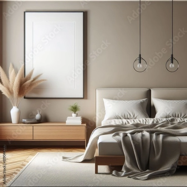 Fototapeta Modern Bed Room with blank photo frame mockup art print template