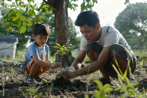 Fototapeta Father and son planting a tree together, celebrating Fathers Day, and spending quality time together. Illustrates the concept of family bonding and environmental responsibility.