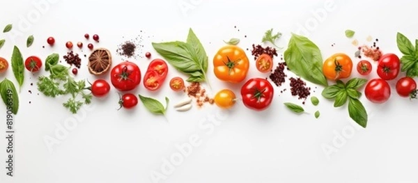 Obraz cherry tomatoes and basil tomatoes on a branch red cherry tomatoes with ingredients for cooking salt peppers and green herb on the white background with copy space top view