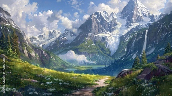 Obraz Digital painting of a mountain landscape with a path in the foreground
