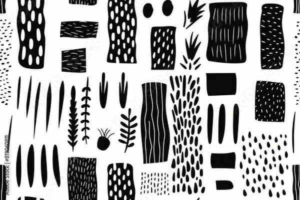 Fototapeta Stylish Monochrome Abstract Art Featuring Textural Black Shapes and Botanical Motifs.