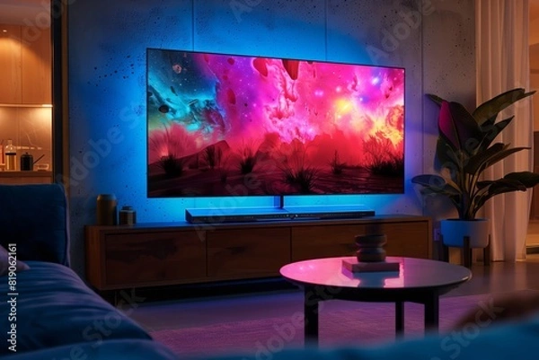 Fototapeta Cozy living room at night with ambient lighting and a large TV displaying a colorful image, reflecting a relaxful atmosphere