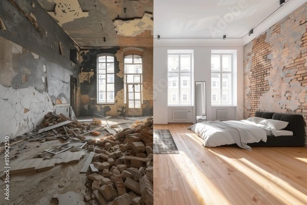 Fototapeta An image showcasing a before-and-after view of an urban loft bedroom, contrasting renovation stages