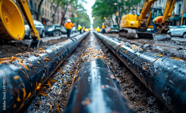 Fototapeta New pipelines being installed in the city