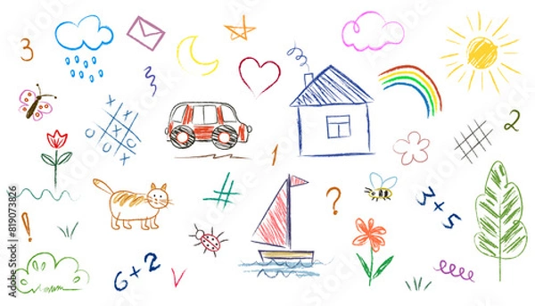 Fototapeta Scribble style set, objects drawn by child, house, sun, clouds, rainbow, plants, car, sailboat, tic-tac-toe, numbers. Children drawing with chalk