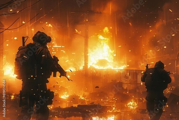 Fototapeta two soldiers shooting at human sized, synthwave style aliens, burnt out city, burning buildings, intense battle, smokey atmosphere, hyperrealistic, 32k, UHD